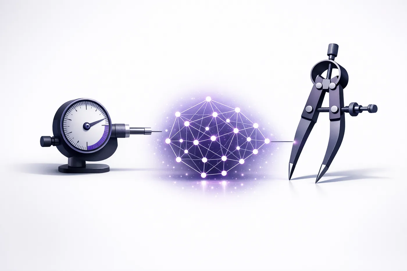 A measurement gauge and calipers evaluating a lattice of connected nodes