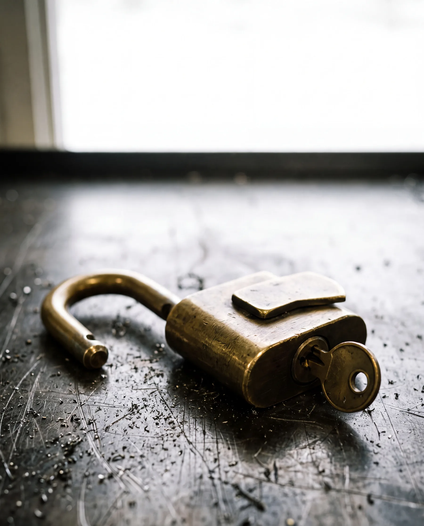 A heavy brass padlock lying open on a scarred steel workbench, its shackle swung clear and the key still in the barrel, against a blown-out workshop window.