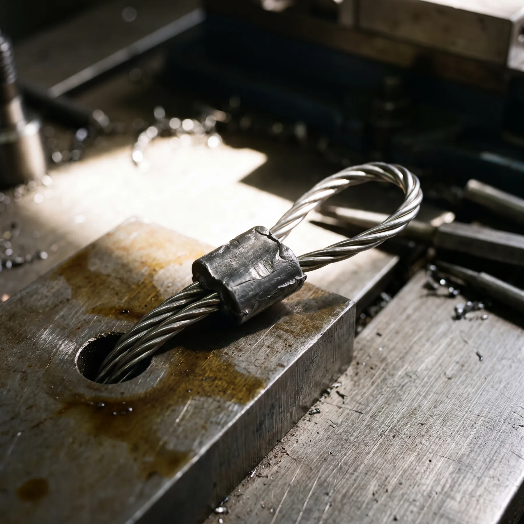 A struck lead seal crimped onto a twisted steel wire that passes through a hole in a steel plate, lit by a hard sunbeam across a machinist's bench.